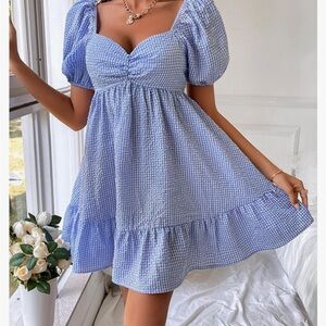 Blue Gingham Puff Sleeve Dress